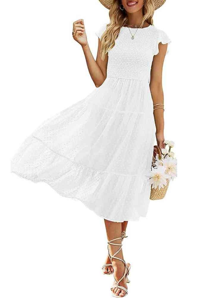 MEROKEETY Women's Flutter Sleeve White Midi Dress