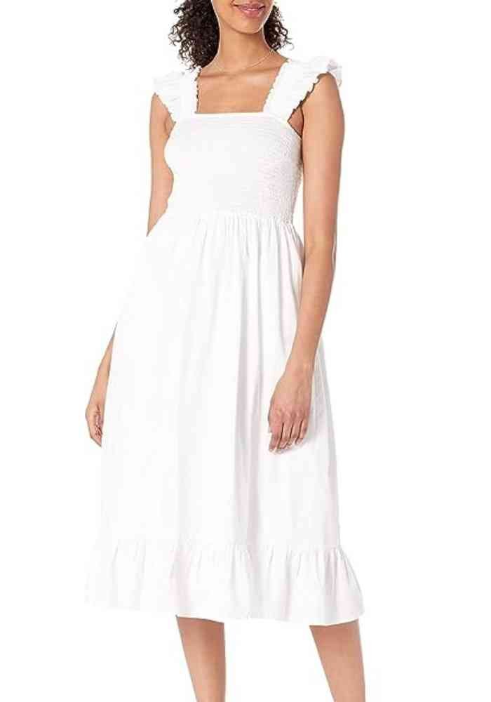 The Drop Women's Kimi Ruffled-Shoulder Smocked White Midi Dress