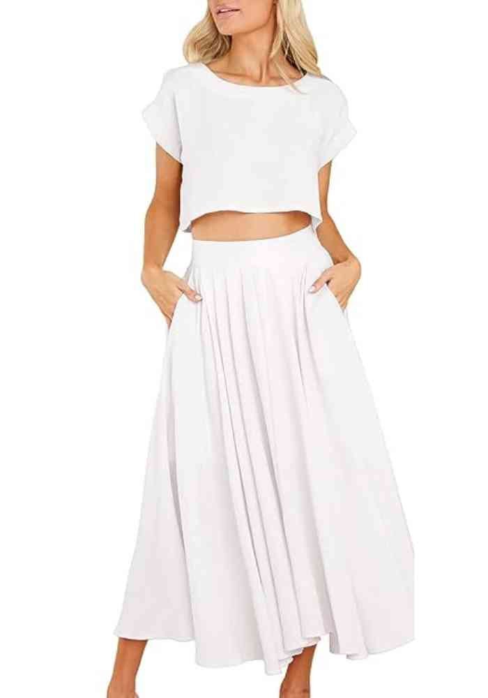 Women's Pleated Crop Top and Flare Skirt Set
